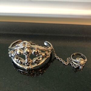 Silver Skull Bracelet and Ring Set